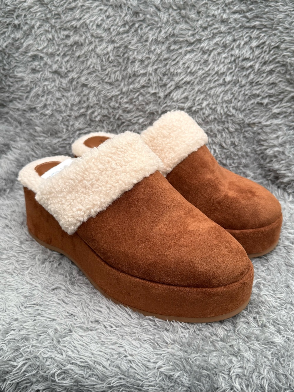 Time And Tru Cozy‎ Platform Wedge Clog Mule in Brown with Cream Trim Women's 6